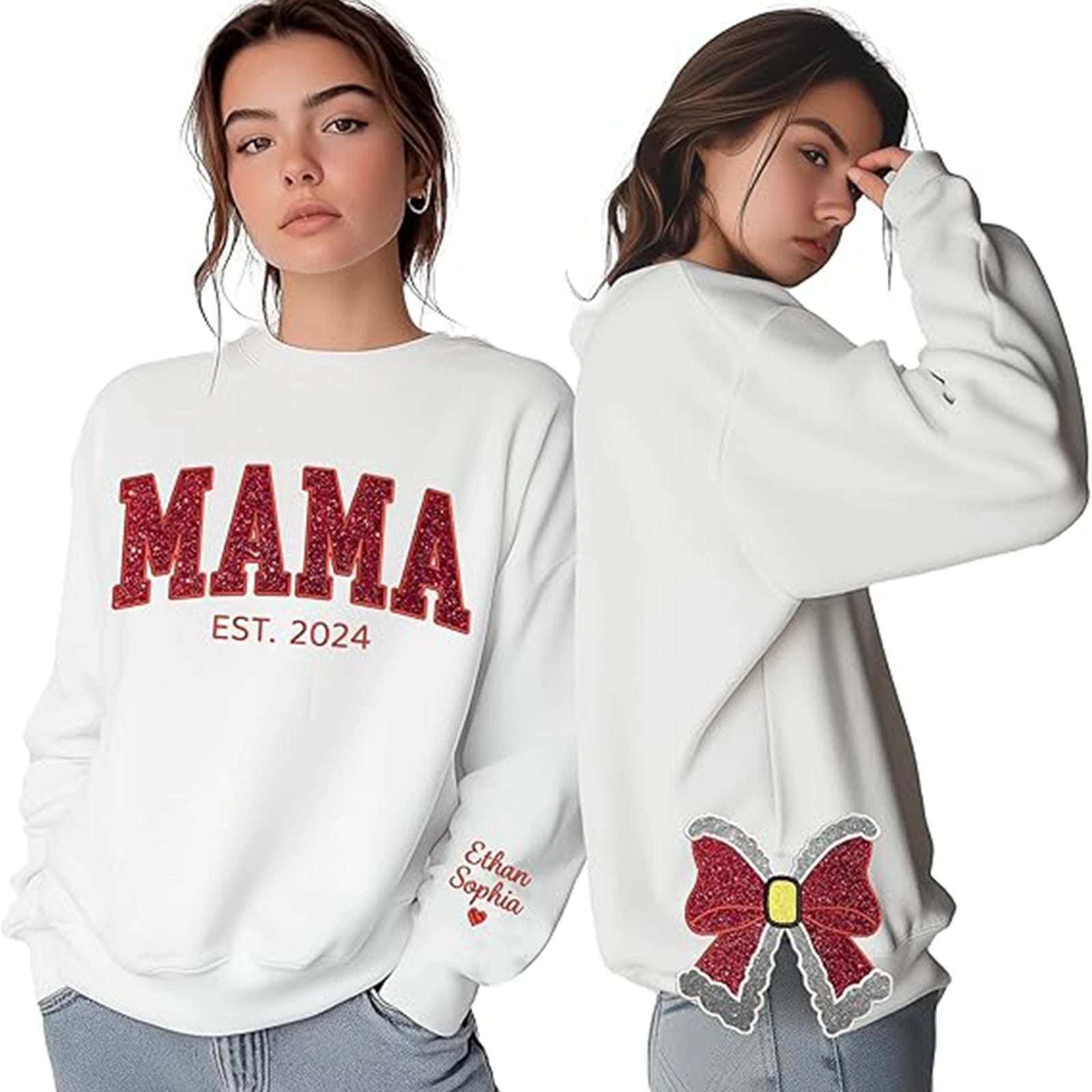 Side bow glitter sweatshirt – cozy and stylish embroidered mama crewneck