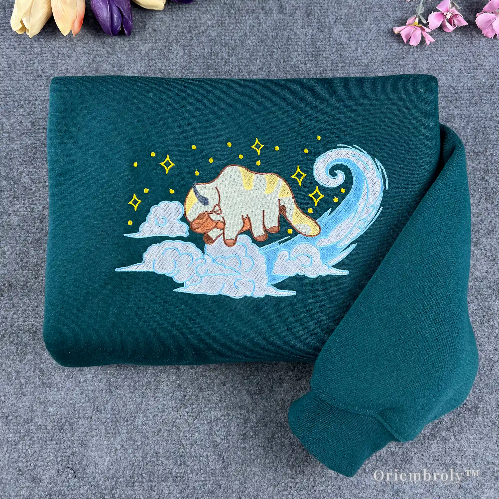 sky bison embroidered crewneck sweatshirt with flying cloud design