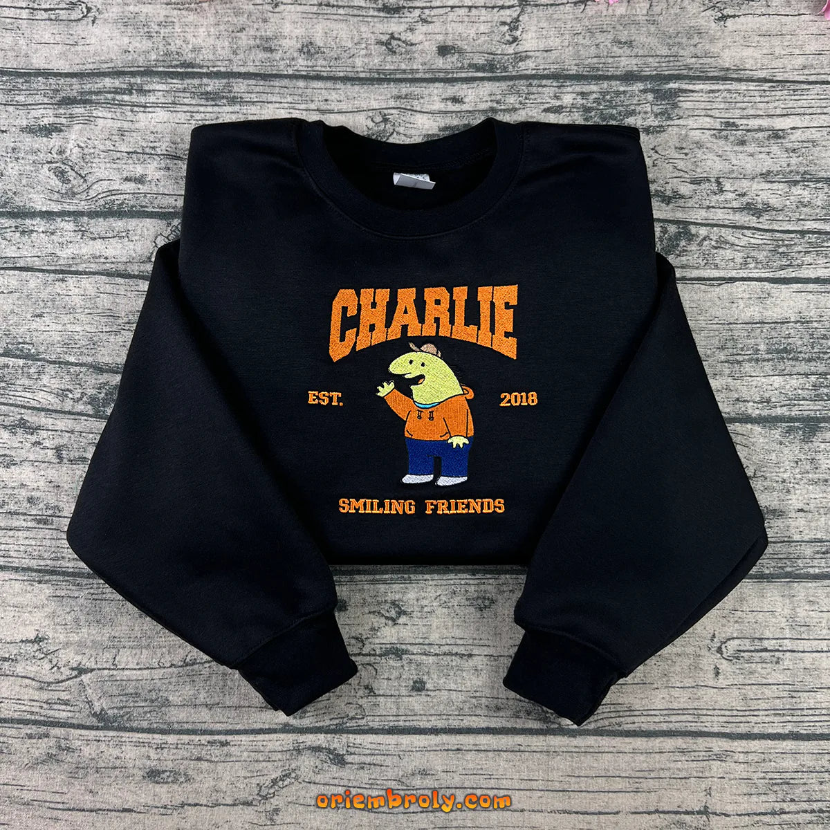 Smiling Friends Charlie embroidered black crewneck sweatshirt