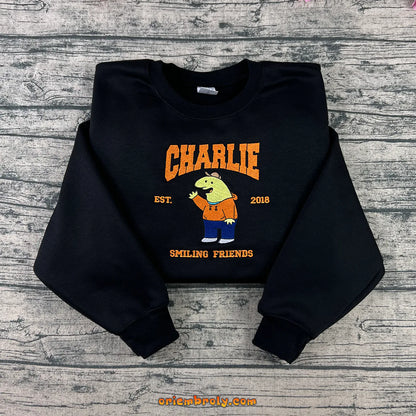 Smiling Friends Charlie embroidered black crewneck sweatshirt
