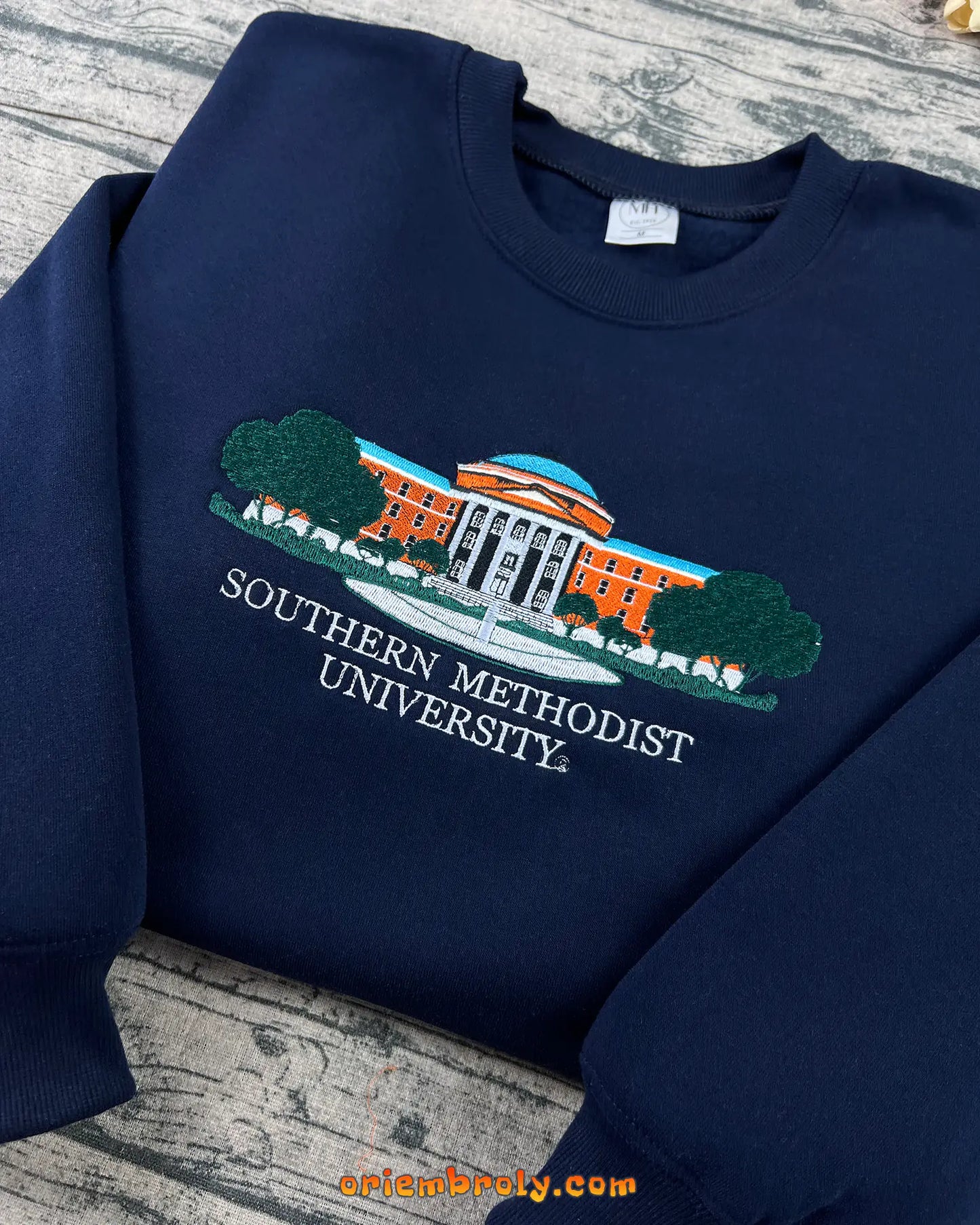 SMU university seal crewneck with detailed embroidery