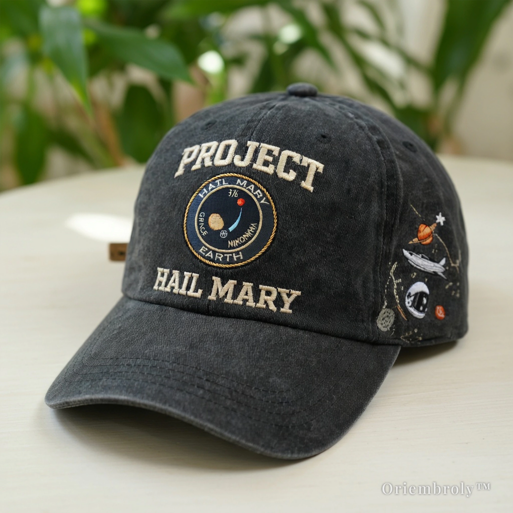 space embroidered baseball cap with planets and shuttle