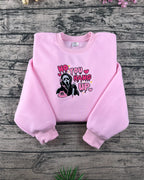 Spooky pink hoodie featuring Scream Ghostface “No You Hang Up” Halloween print