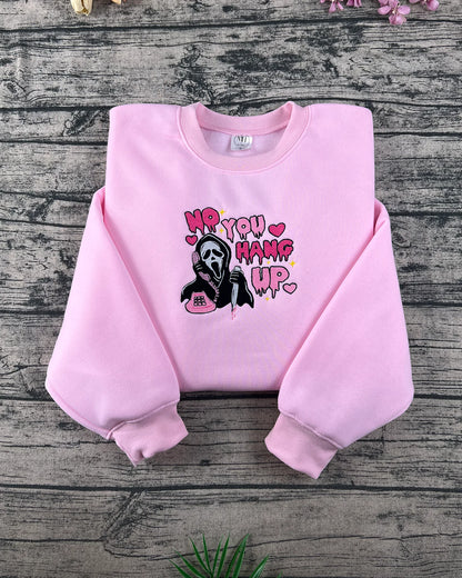 Spooky pink hoodie featuring Scream Ghostface “No You Hang Up” Halloween print