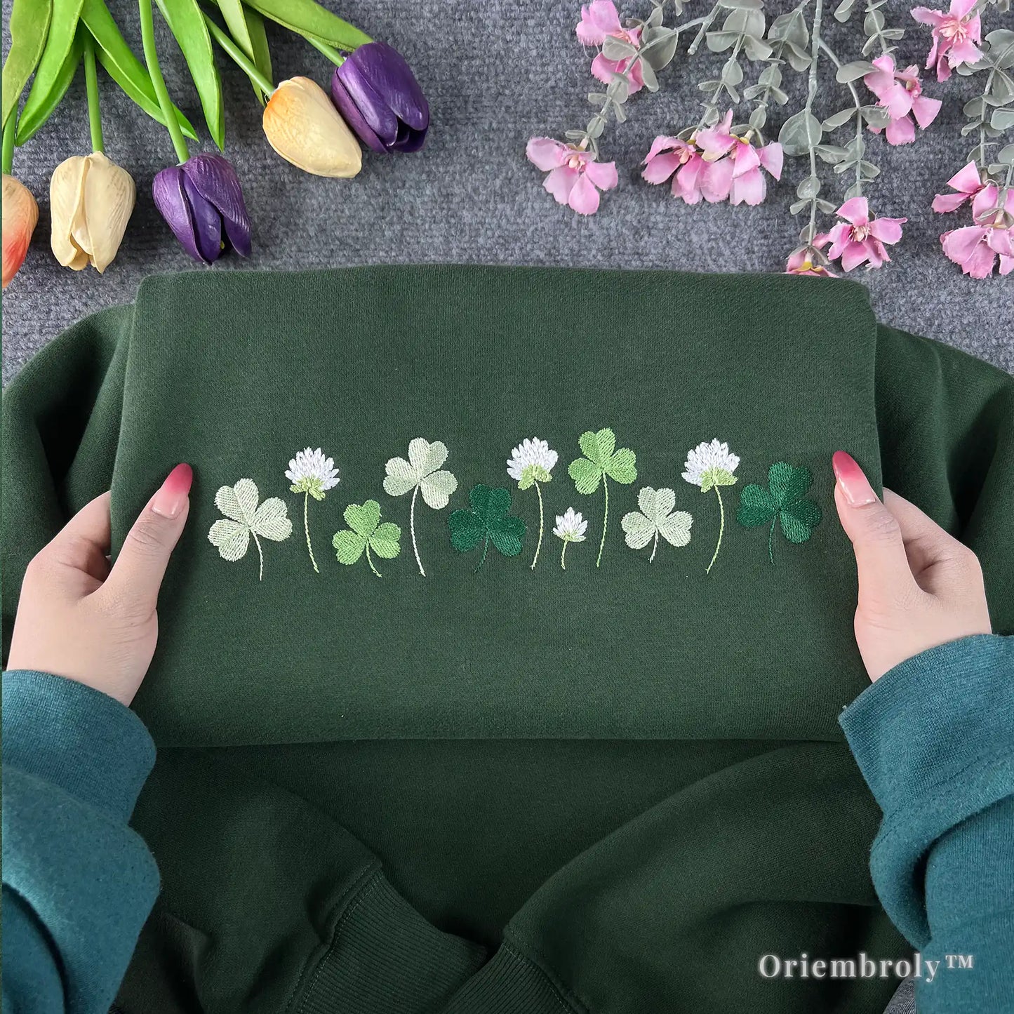 st patricks day embroidered crewneck sweatshirt flat lay