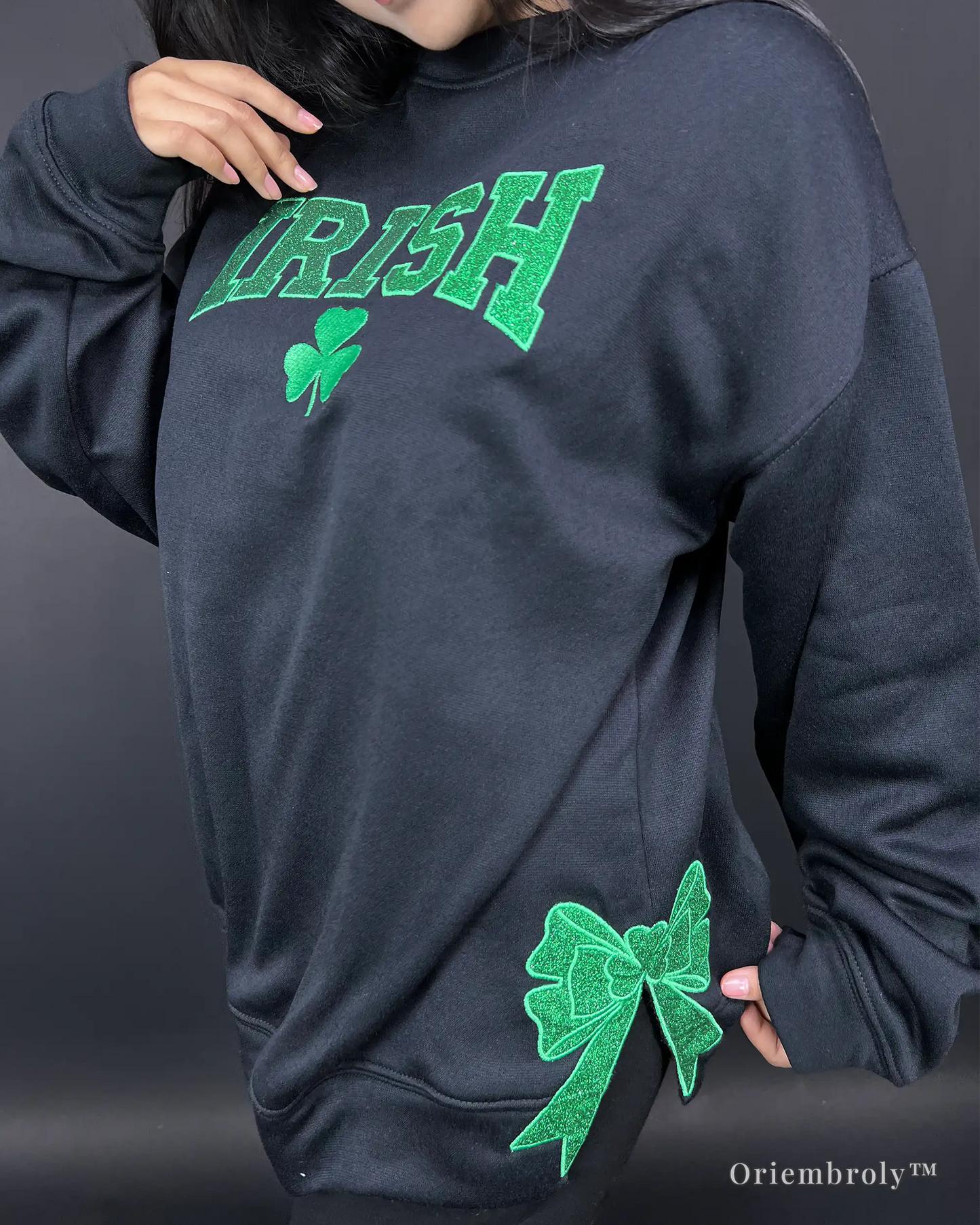 women wearing St Patrick’s Day embroidered sweatshirt outfit