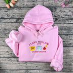 Pink hoodie with 'Stars Hollow 1779 Loves Connecticut' text and graphics on a wooden surface.