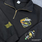  STEM-core fashion staple: embroidered space-themed quarter-zip sweatshirt with technical mission details and alien character motifs. Ideal for campus wear or casual science-themed outfits.