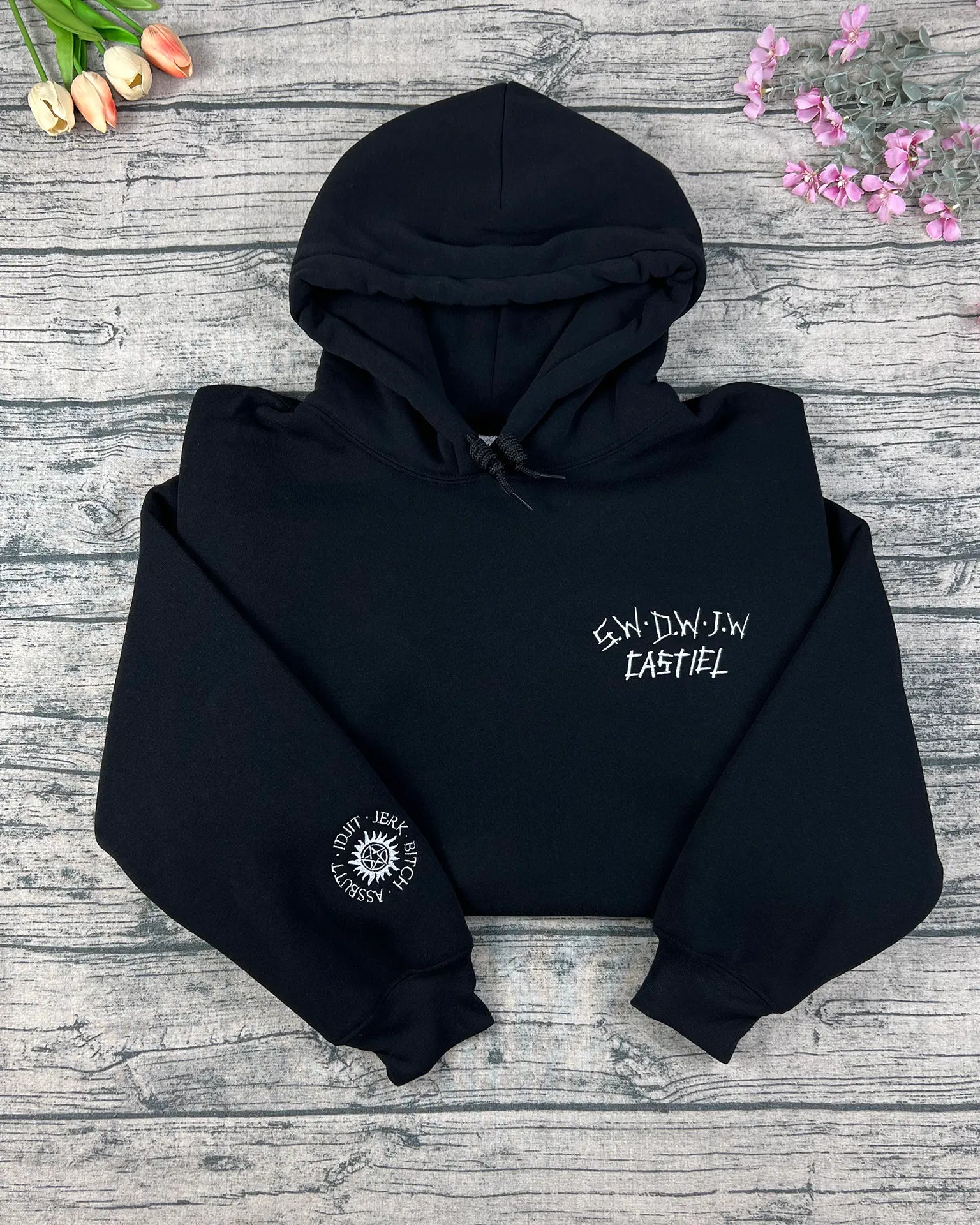 Supernatural embroidered sweatshirt featuring Dean, Sam, Castiel, Baby Impala car and antipossession symbol. Fangirl cosplay hoodie, handmade jumper perfect for fans.