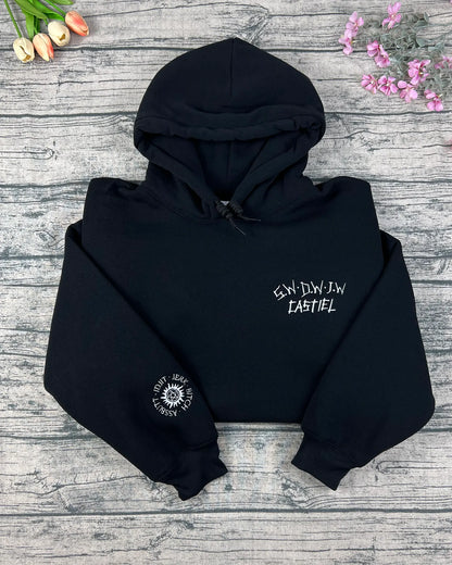 Supernatural embroidered sweatshirt featuring Dean, Sam, Castiel, Baby Impala car and antipossession symbol. Fangirl cosplay hoodie, handmade jumper perfect for fans.