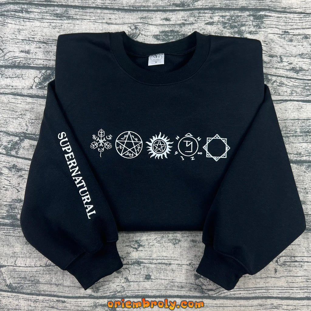 Supernatural symbols embroidered crewneck sweatshirt