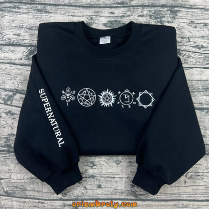 Supernatural symbols embroidered crewneck sweatshirt