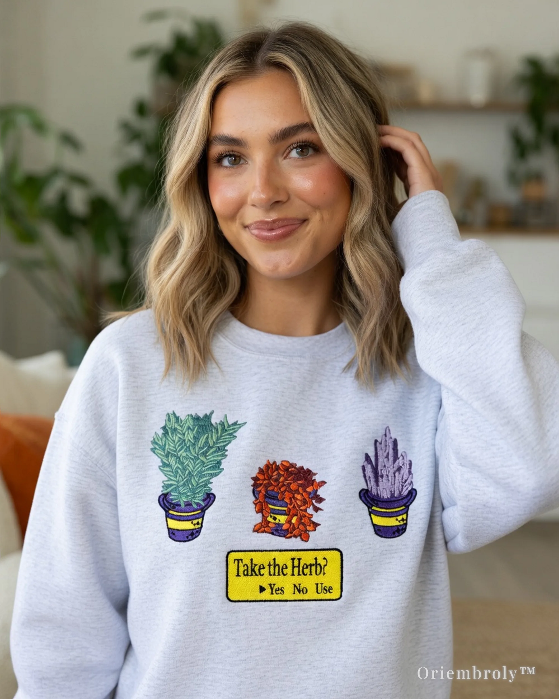 "Take the Herb?" Resident Evil crewneck merch with iconic game menu embroidery