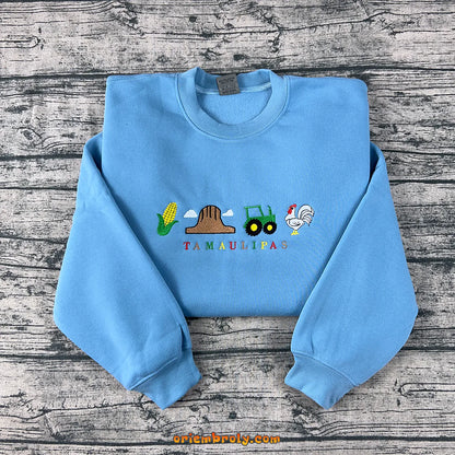 Tamaulipas embroidered sweatshirt with tractor and rooster