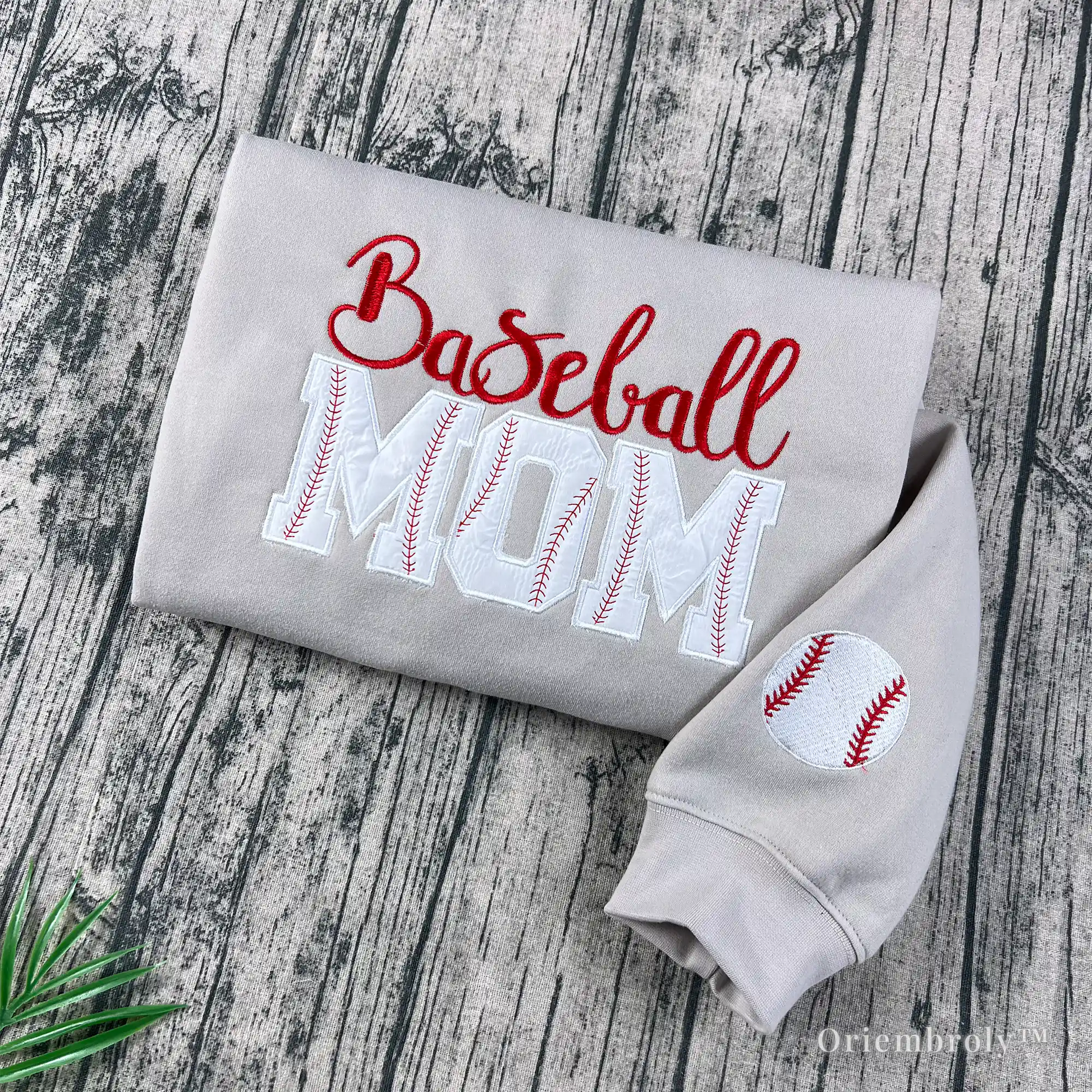 tan embroidered baseball mom sweatshirt flat lay