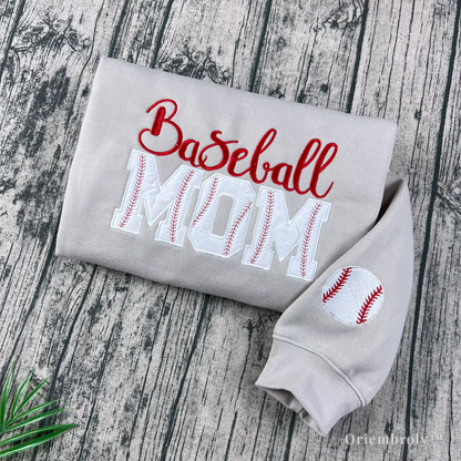 tan embroidered baseball mom sweatshirt flat lay
