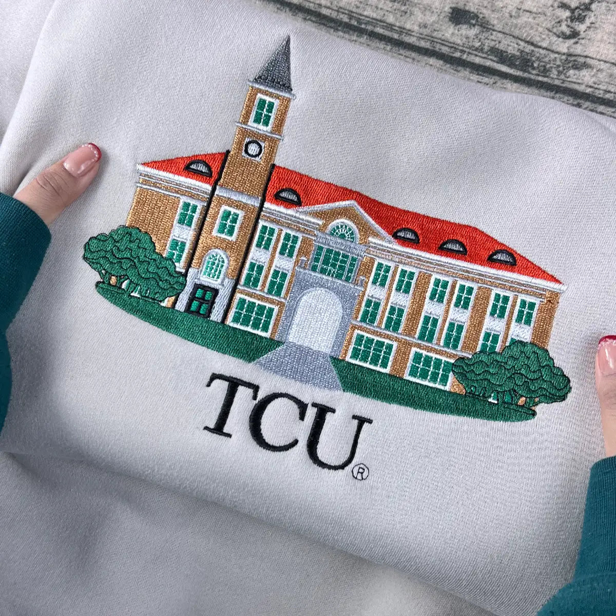 TCU college crewneck with clean embroidery