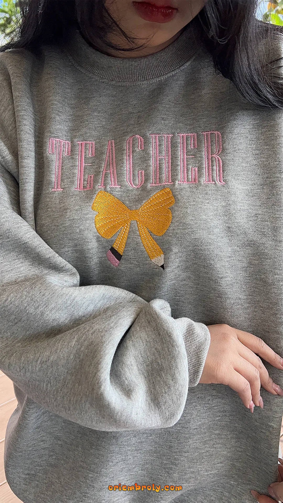 Teacher Embroidered Bow Sweatshirt