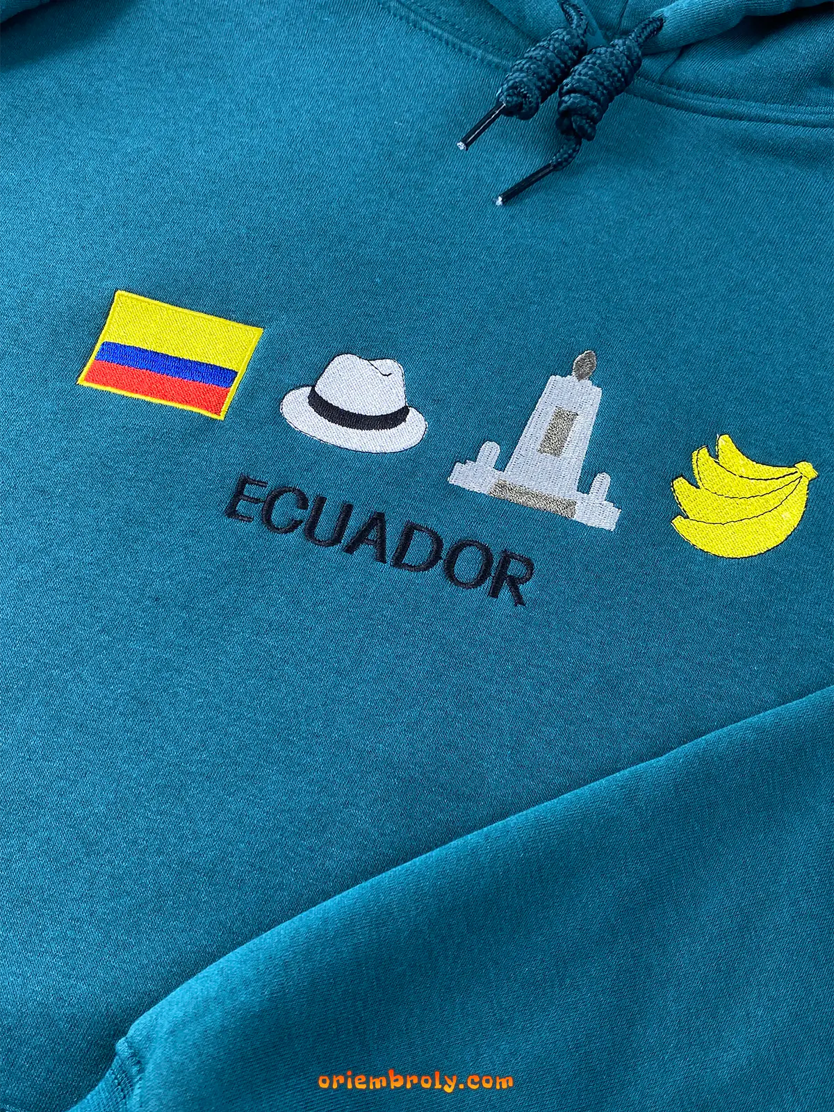 Teal Ecuador hoodie featuring flag, bananas, and landmarks