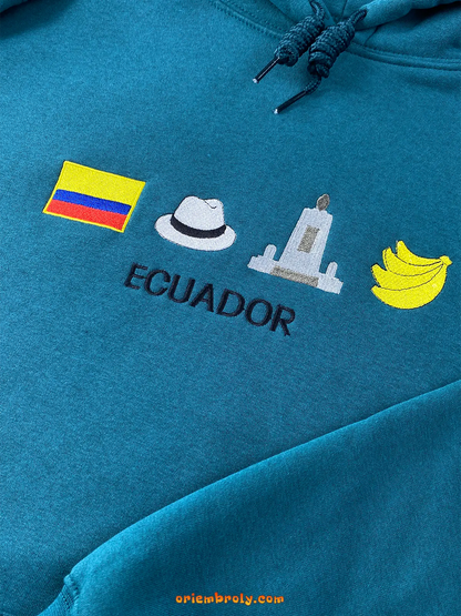 Teal Ecuador hoodie featuring flag, bananas, and landmarks