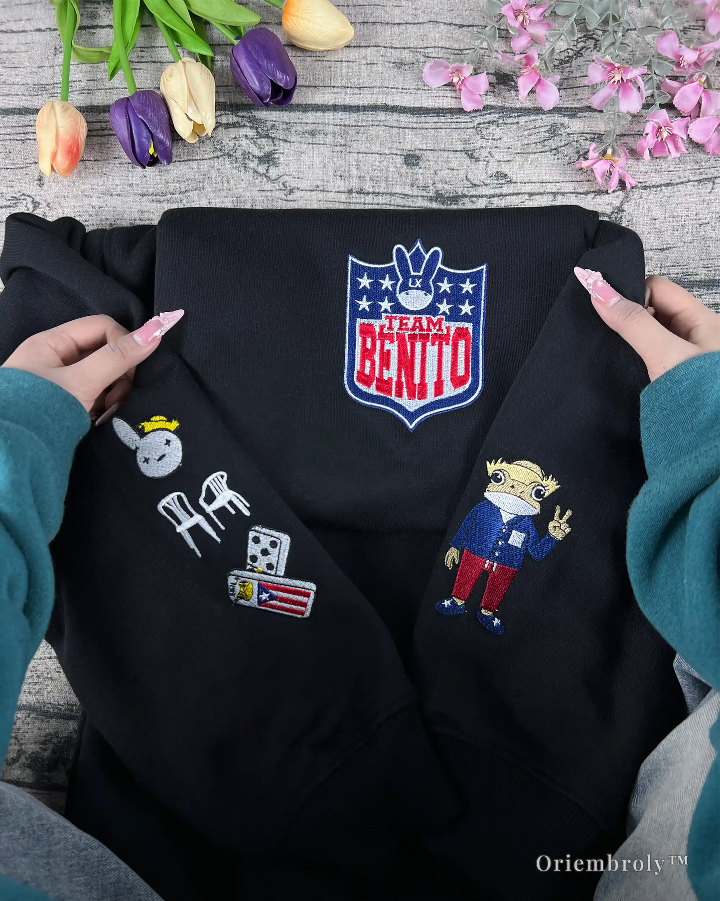 embroidered Team Benito sweatshirt flat lay view