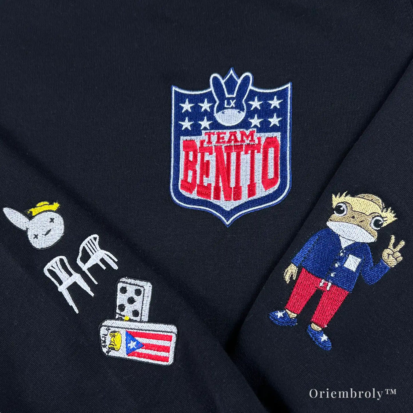 shield style embroidery Team Benito sweatshirt detail