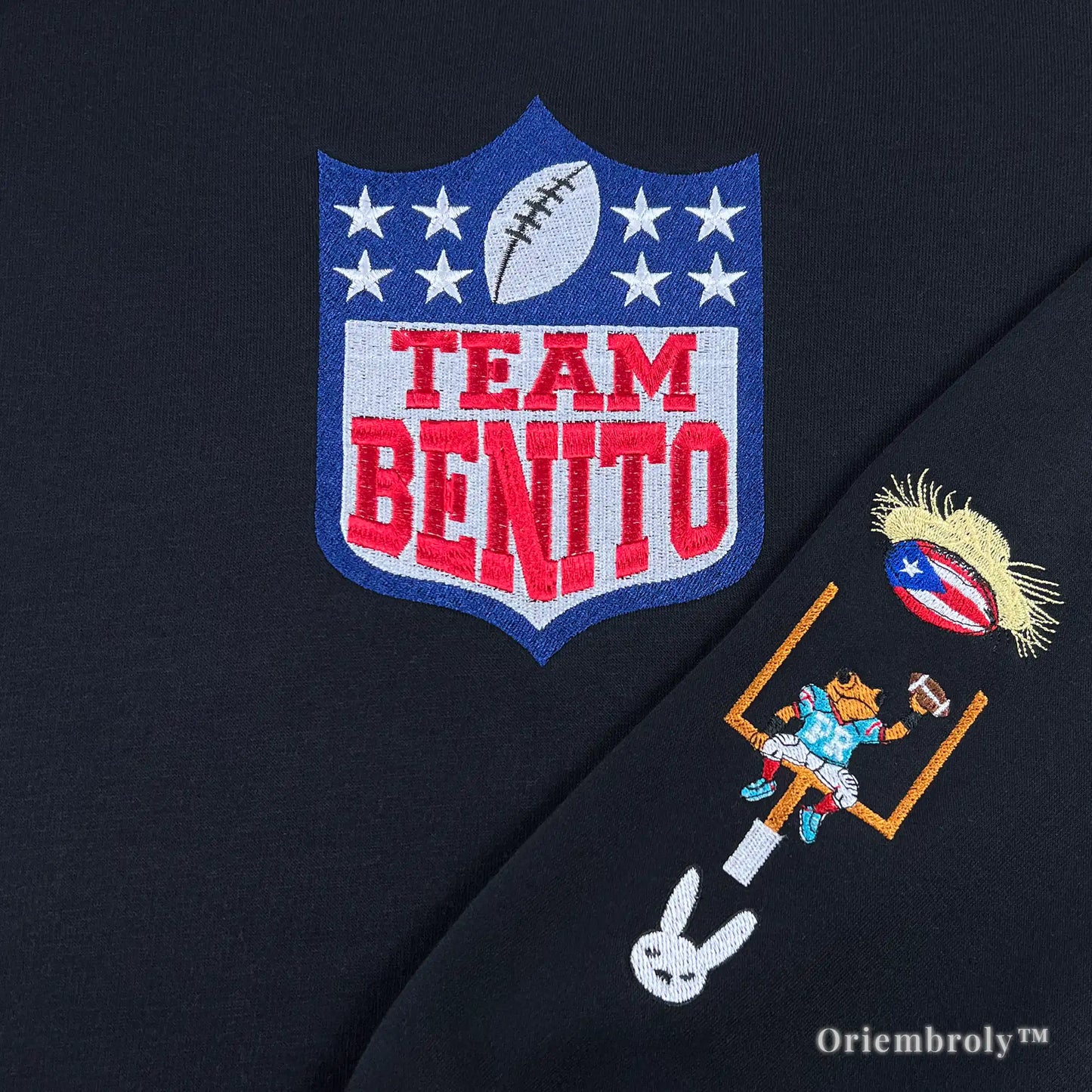 close up Team Benito shield embroidery with football design