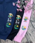 Tropical sunset embroidery on fan crewneck sleeve