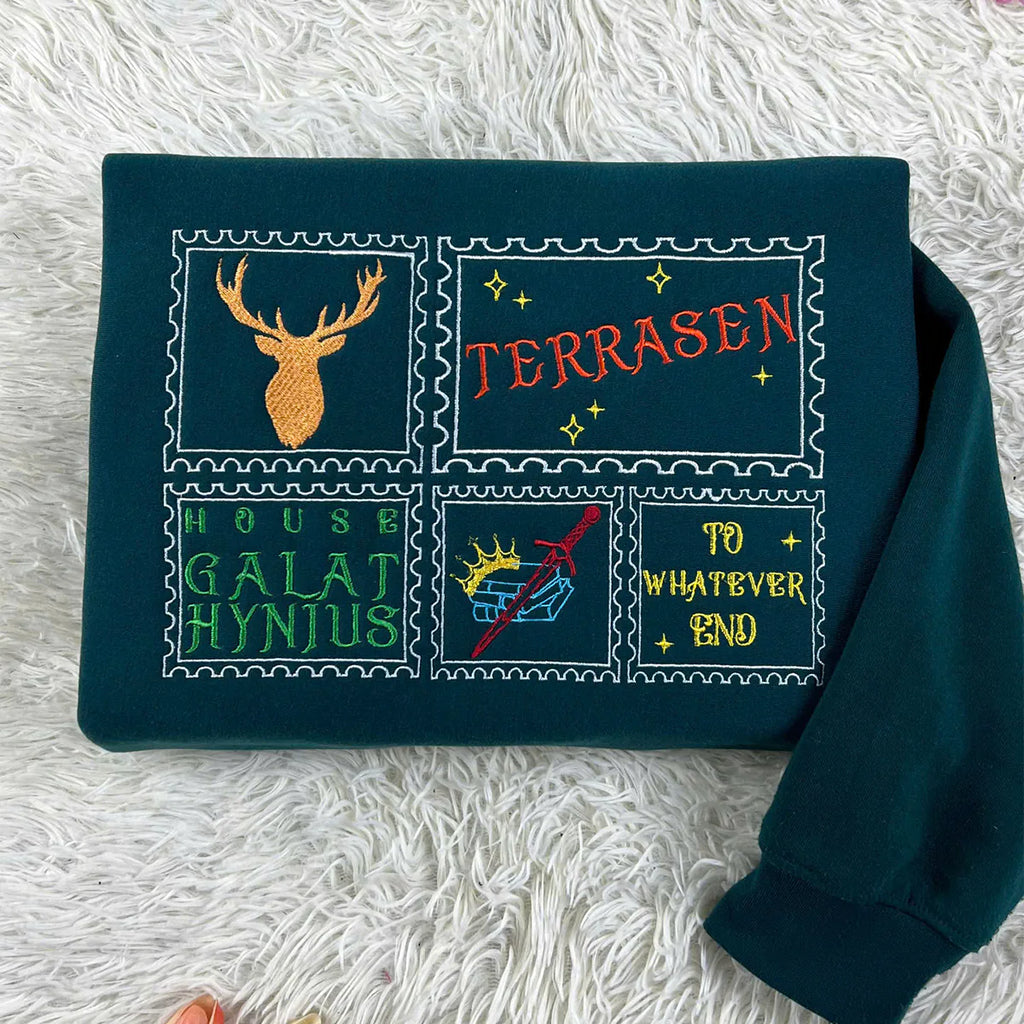 Terrasen embroidered sweatshirt featuring Fireheart quote

