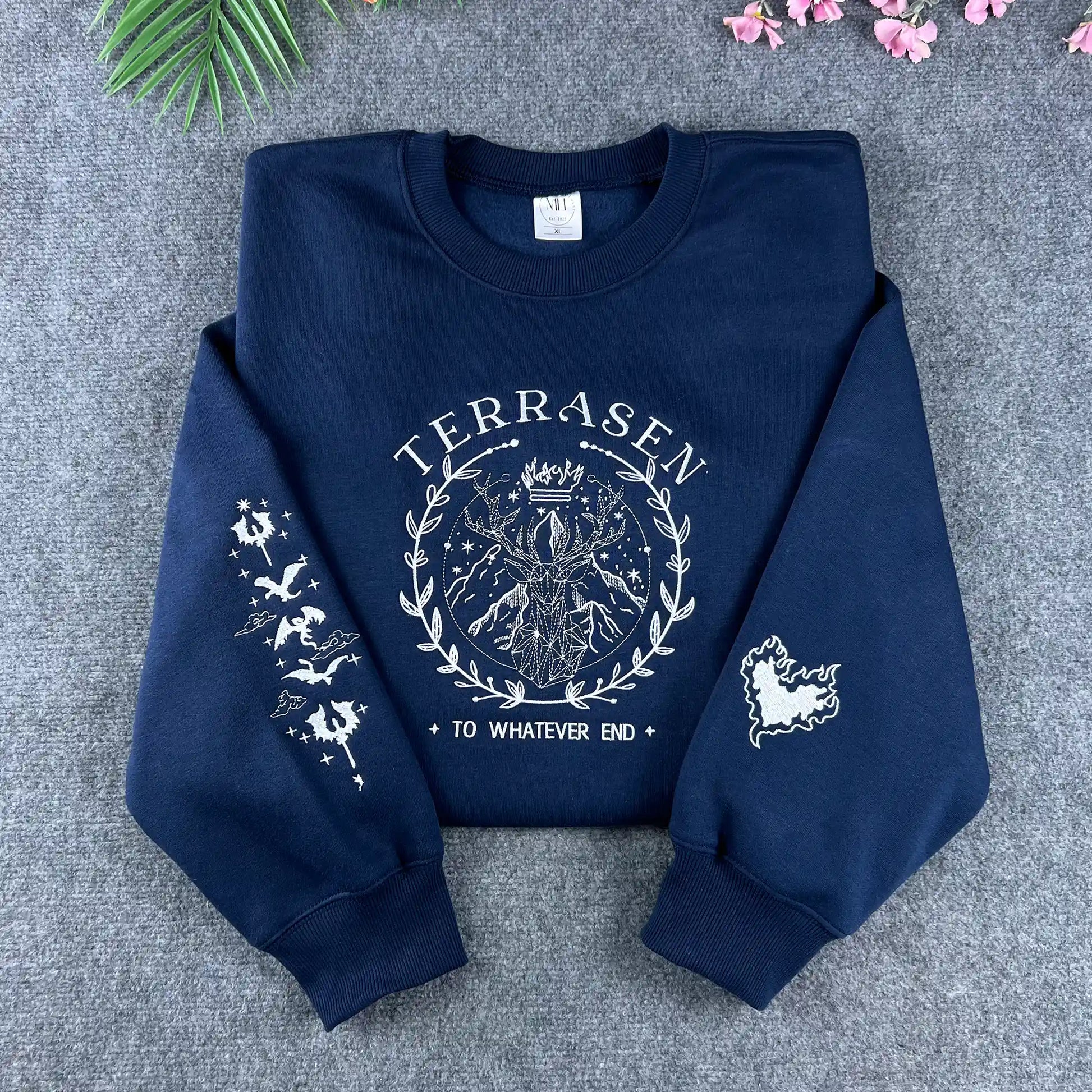 Navy Terrasen Throne of Glass embroidered sweatshirt featuring the stag and "To whatever end" quote