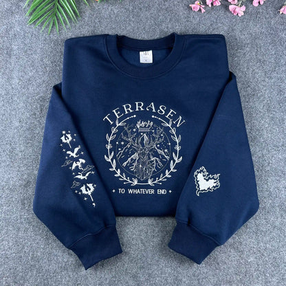 Navy Terrasen Throne of Glass embroidered sweatshirt featuring the stag and "To whatever end" quote