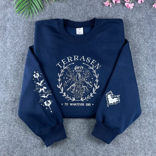 Navy Terrasen Throne of Glass embroidered sweatshirt featuring the stag and "To whatever end" quote
