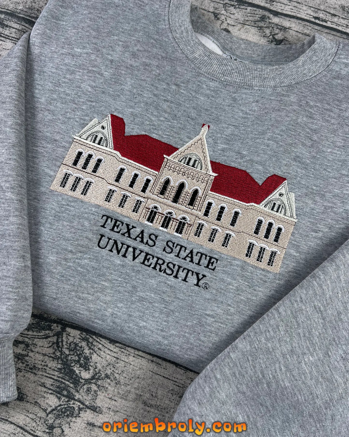 TXST college crewneck with clean embroidery