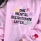 Mental health awareness sweater with humorous embroidered phrase