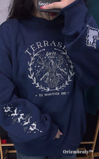 Best gift for Throne of Glass fans: Terrasen embroidered top in navy blue with stag and floral details.