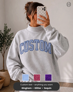 Custom Gingham Applique Preppy Varsity Soft Pink Mock Neck Sweatshirt