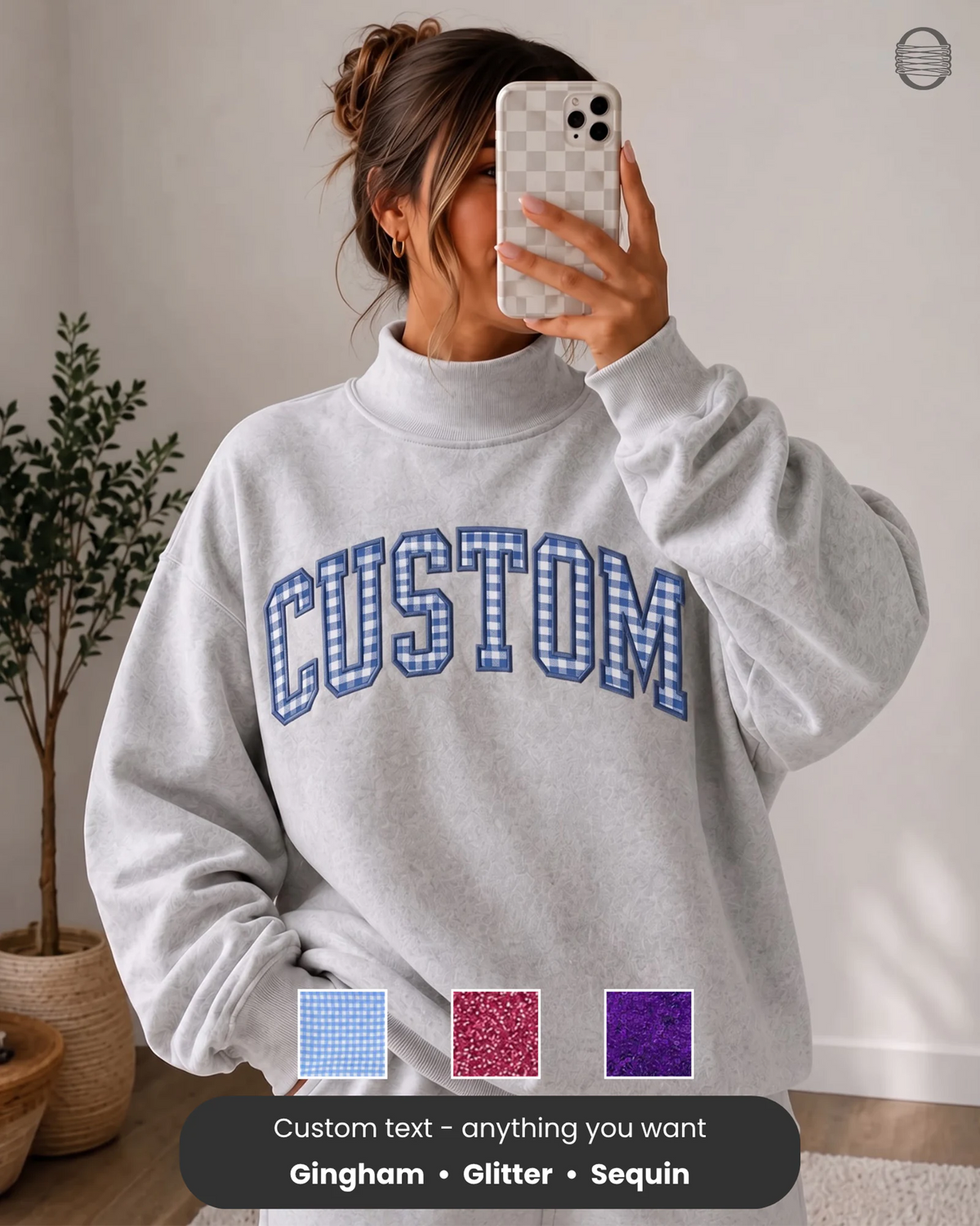 Custom Gingham Applique Preppy Varsity Soft Pink Mock Neck Sweatshirt