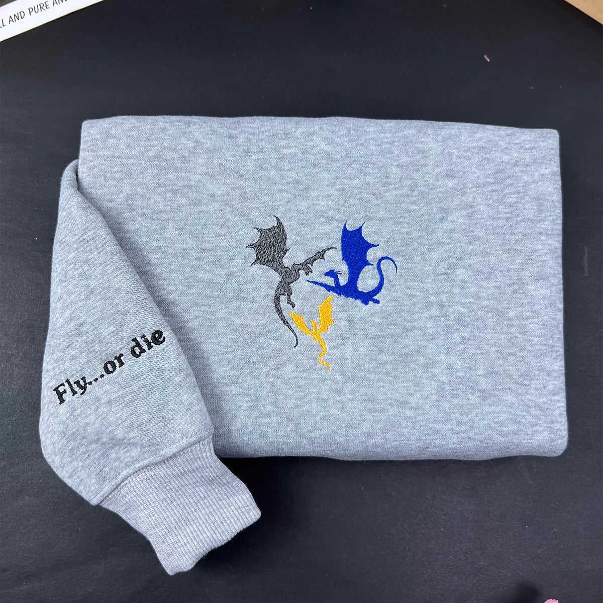 Tiny Dragons Embroidered Sweatshirt featuring Fourth Wing hoodie design, perfect for book lovers and fans of Basgiath War College.