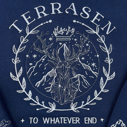 "To whatever end" Terrasen embroidered crewneck, high-quality fleece pullover for fantasy book lovers