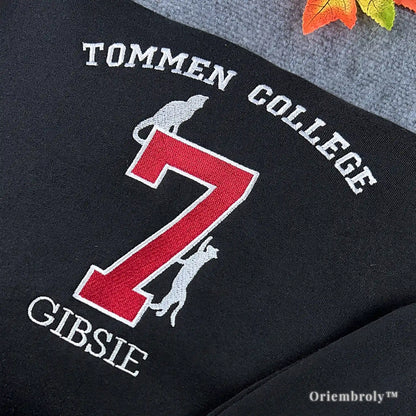 Detailed Tommen College embroidery with Gibsie name and yellow sun on the sleeve