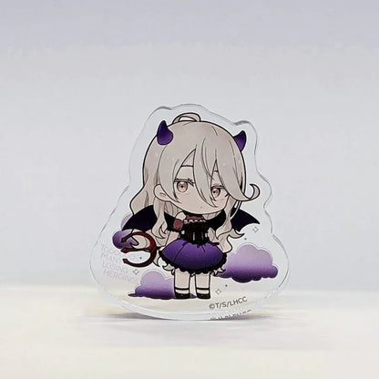 Die-cut acrylic block ornament of Yumeko Shikiya from the anime series 'Too Many Losing Heroines!' The small figure is dressed in a black and purple devil costume with horns, wings, and a tail, standing on a purple cloud base.