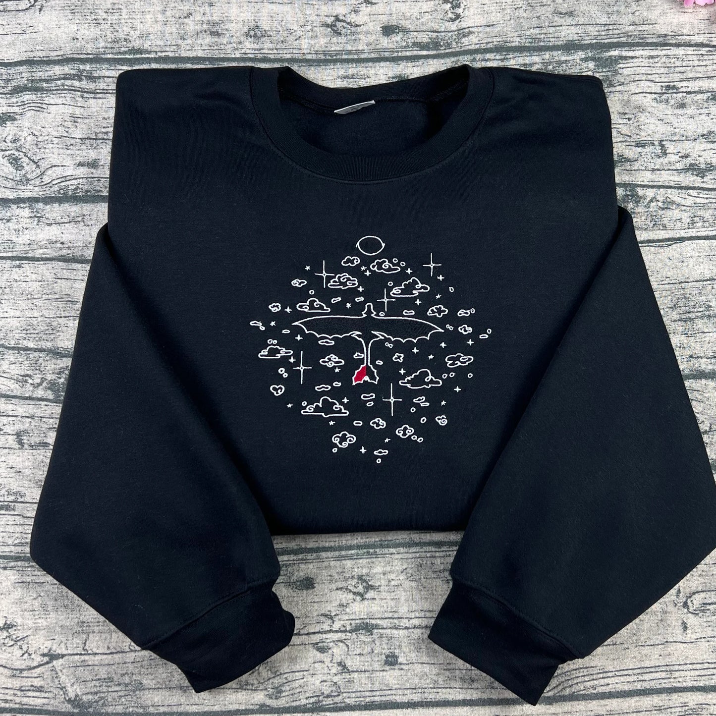 Toothless dragon cloud embroidered black crewneck sweatshirt