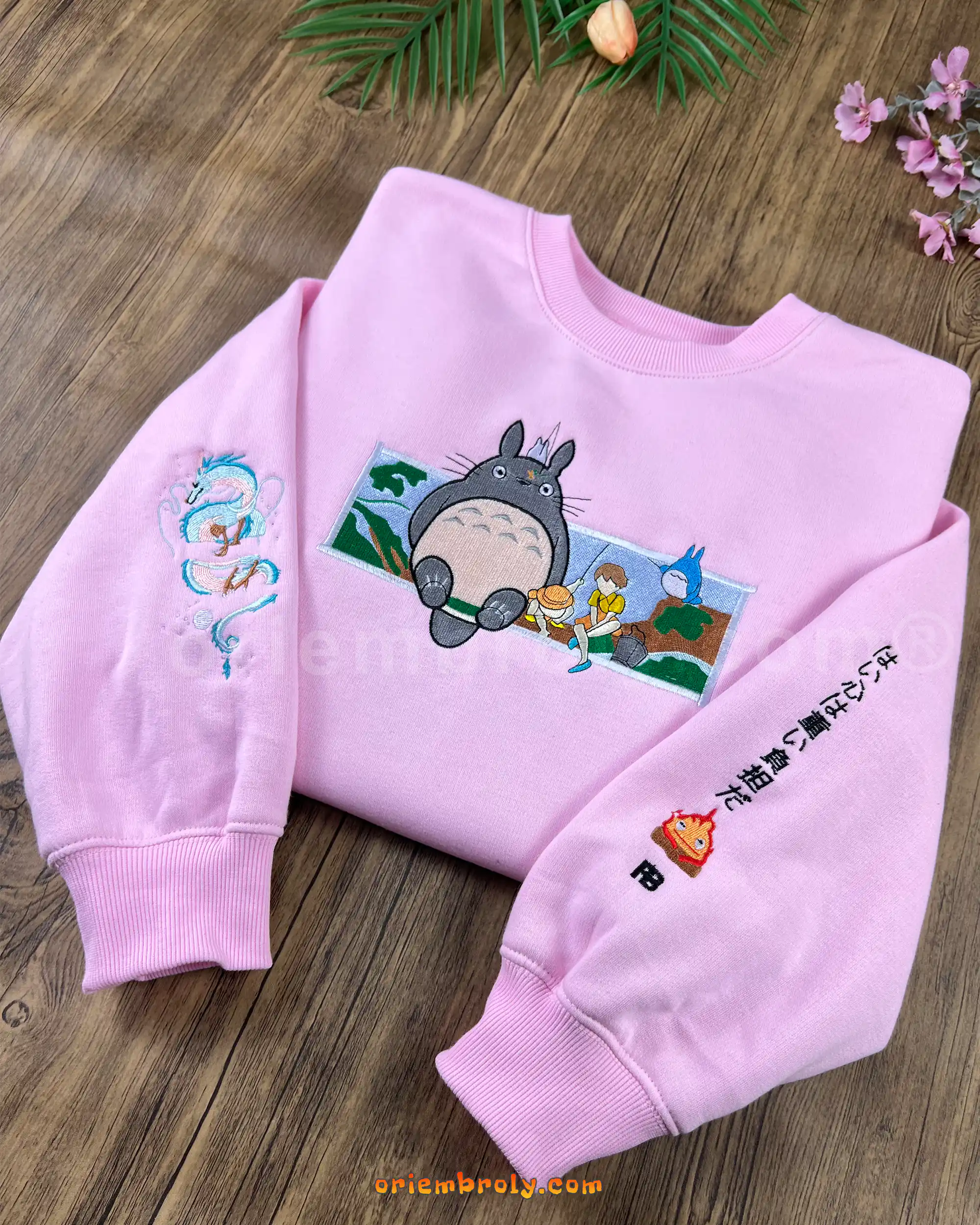 Anime-inspired Totoro embroidered sweatshirt with detailed fishing scene