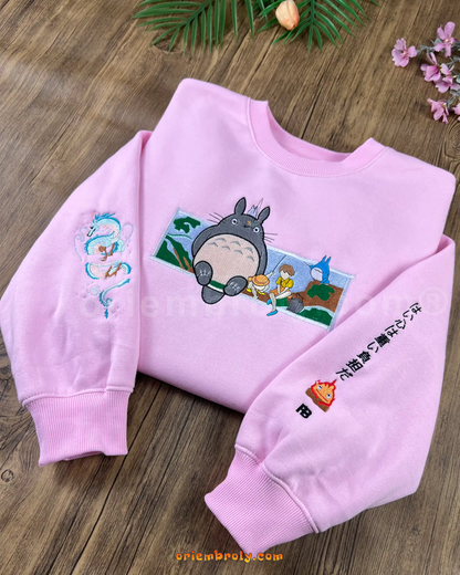 Anime-inspired Totoro embroidered sweatshirt with detailed fishing scene