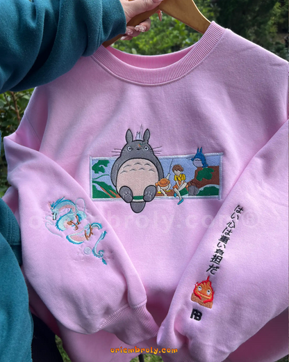 Totoro fishing embroidery on premium anime crewneck sweatshirt