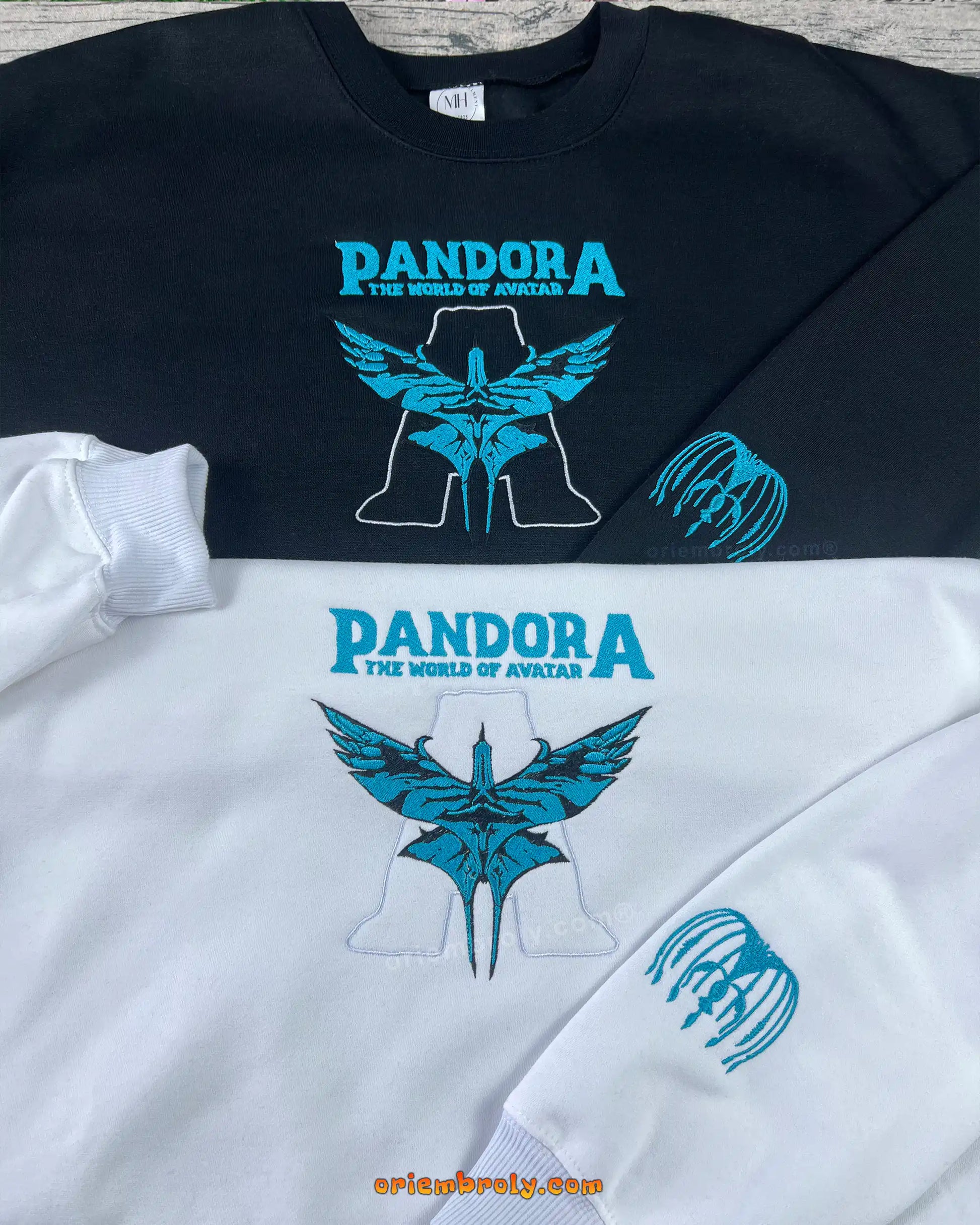 Light blue Ikran embroidery on navy crewneck