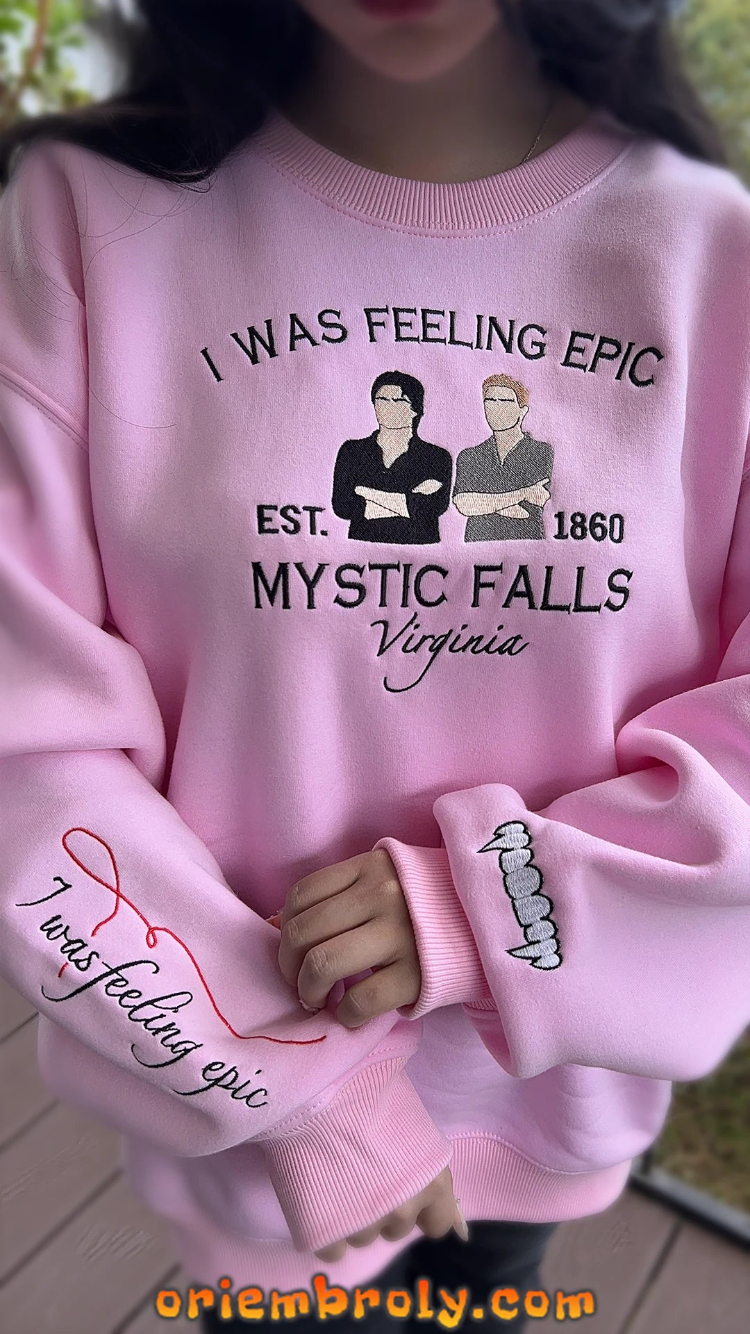 Salvatore brothers embroidered design on Mystic Falls sweatshirt