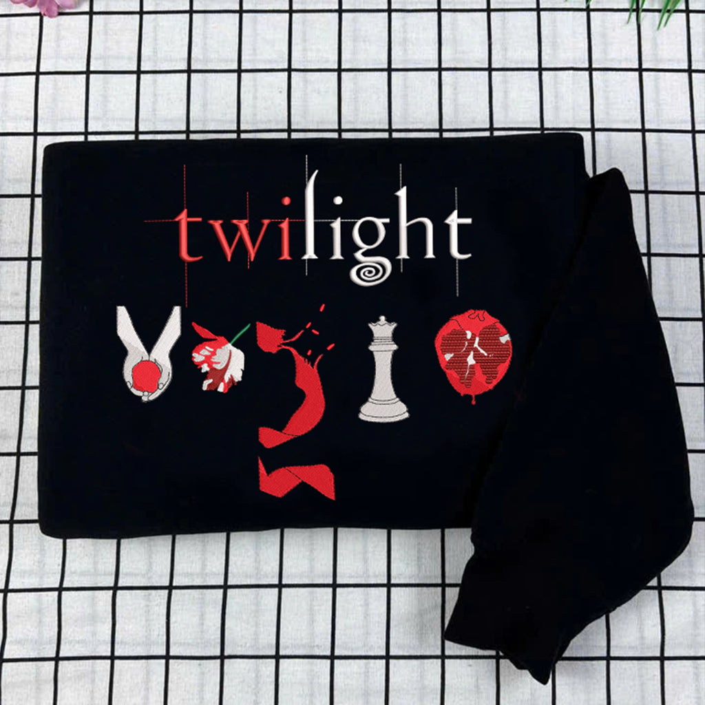 Twilight-inspired embroidered sweatshirt with book cover aesthetic design for fans of the Twilight book series
