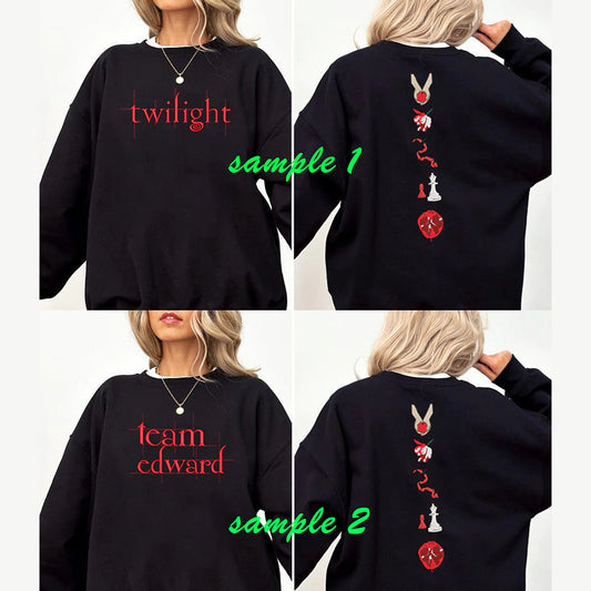 Twilight embroidered sweatshirt featuring book cover aesthetic and Edward Cullen vampire design for Twilight Saga fans.
