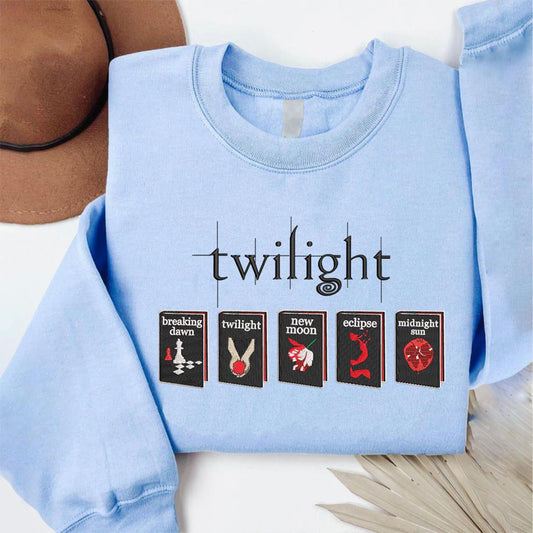 Twilight inspired embroidered sweatshirt featuring book cover aesthetic, crewneck style, perfect for book lovers and readers of Twilight series.